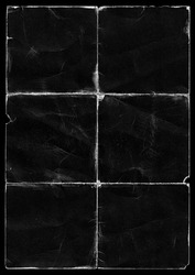 Old Black Empty Ripped Folded Torn Cardboard Paper Poster. Grunge Scratched Old Shabby Surface. Distressed Overlay Texture for Collage. 
