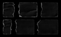 Set of Black Torn Ripped Paper Pieces Edges Cards isolated on Black Background. Cardboard Overlay Texture. 