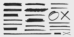 Realistic Rough Black Marker Brush Ink Line Stroke Set Isolated Collection. Grunge Paper Texture.