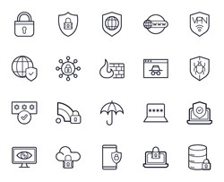 Safe internet line icon set. Collection of internet signs for web design and mobile app. Safer Internet Day pictograms. Lock, password, computer, laptop, umbrella, cloud protect, shield black icon