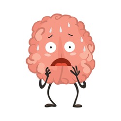 Brain character with emotion. Brain character stands scared and sweaty. Funny cartoon emoticon. Vector illustration isolated on white background