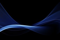Abstract shiny blue wave design element on dark background. Transparent flow of wavy wave lines.