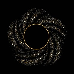 Black background with gold swirl glitter particles.Abstract background circle frame gold color. Swirl design element