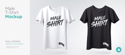 Men's white and black t-shirt with short sleeve mockup. Front view. Vector template.