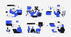Collection of scenes at office. Bundle of men and women taking part in business meeting, negotiation, brainstorming, talking to each other. Outline vector illustration. Design And Development