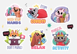 Cats and dogs in medical face mask fighting coronavirus. Self quarantine and isolation concept stickers. Vector illustration