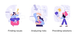 Resource Planning Problems and How to Solve Them - set of business concept illustrations. Finding issues, Analyzing risks, Providing solutions. Visual stories collection