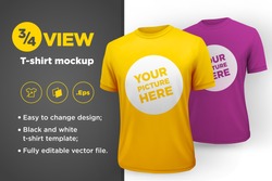 Yellow and purple men's t-shirt realistic mockup. Vector illustration