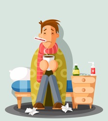 Young man having a cold, holding a cup, cartoon style vector illustration. A guy in red scarf with thermometer in his mouth