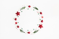 Christmas composition. Christmas wreath on white background. Flat lay, top view, copy space