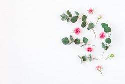 Flowers composition. Rose flowers and eucalyptus branches on white background. Flat lay, top view, copy space.