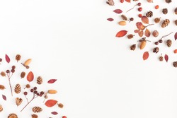 Autumn composition. Frame made of autumn leaves, acorn, pine cones on white background. Flat lay, top view, copy space
