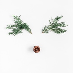 Christmas decoration. Christmas deer made of pine branches and pine cone on white background. Flat lay, top view, square