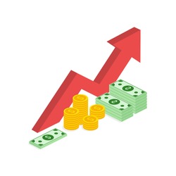 Income increase strategy, isometric Financial high return on investment, fund raising, revenue growth, interest rate, loan installment, credit money, budget balance. Vector illustration on background.