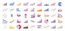 Business graphs and charts icons. Business infographics icons. Statistic and data, charts diagrams, money, down or up arrow, economy reduction. Financial chart. Vector illustration.