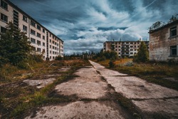 Abandoned ghost town Skrunda, Latvia. Abandoned ex Soviet buildings. Ruins of city. Ex Soviet legacy. World after nuclear war. No humans.