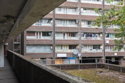 Communal walkway at a old council block in Grahame Park housing estate in London