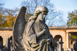 A weathered stone statue of praying angel on grave in Brompton Cemetery in London
