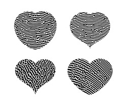 Fingerprint heart silhouette. Set of four black heart shape human finger prints isolated on white background. Vector illustration