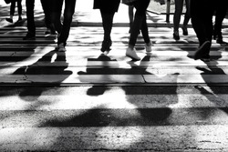 Blurry zebra crossing with silhouettes and shadows of people walking in the cold and sunny early morning autumn day in black and white