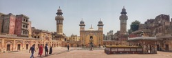 The Wazir Khan Mosque,located in the walled city of Lahore, capital of the Pakistani province of Punjab. Pakistan. Panorama of the mosque's courtyard facing towards the mosque's prayer hall.