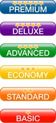 Quality word concept on buttons with supporting words: basic; default; economy; advanced; deluxe; premium