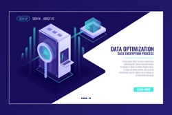 Information search data optimization concept, server room, magnifying glass, bigdata flow isometric vector