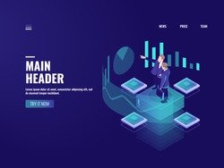 Man look graphic chart, business analytics concept, big data processing icon, virtual reality interface, server room admin administrator, isometric illustration vector neon dark