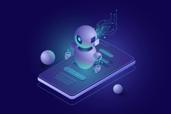 Chatbot concept, personal helper, machine learning, Isometric artificial intelligence, digital marketing dark neon vector 3d