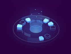 Abstract banner of Data visualization, big data processing, cloud storage and server hosting, internet cyberspace, futuristic holographic interface, database and cloud storage isometric flat vector