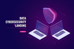 Cybersecurity isometric icon, data security concept, protected computer network, shield with laptop, safety cloud computing, data processing system, vector ultraviolet