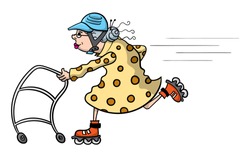 Cartoon illustration of an old lady speeding along with her walker and a set of rollerblades