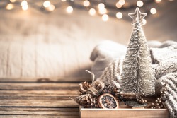 Christmas festive decor still life on wooden background, concept of home comfort and holiday