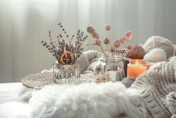 Autumn still Life home decor in a cozy house. Autumn weekend concept. Fall home decoration.