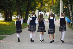 Group of schoolchildren with flowers. Girls in school uniforms walk along the sidewalk in a summer park. Selective focus, blurred background. Primary School. Back view.