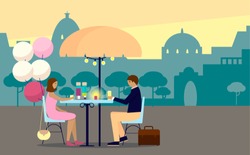 Vector illustration of a couple on a date with city on background