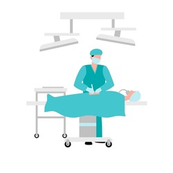Surgeon. A doctor performing surgery on a patient on a surgical table under bright lights. Icon, clipart for website about treatment, surgery, surgeries, clinic. Vector flat illustration, cartoon.