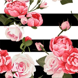 Peony And Roses Vector Seamless Pattern #2 Black and White Stripes Flowered Texture Background
