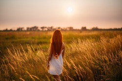 Young beautiful red-haired girl in a field at sunset, back to camera, facing the sun