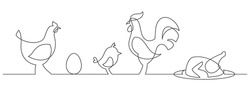 Set of chickens - continuous line drawing. Rooster, hen, chicken grill and egg one line drowing. Vector illustration.