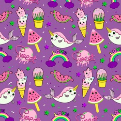 Abstract seamless ice cream pattern. Creative vector kids background with ice cream, cute eyes, cactus, stars, rainbow. Funny kids pattern for textile and fabric. Fashion ice cream pattern style.