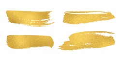 Set of vector sparkle golden mascara brush strokes. Luxury decor of gold shiny foil. Collection of grunge metal paint texture for greeting card design. Glitter patterns isolated from white background.