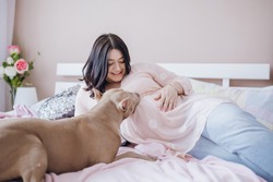 Young happy pregnant girl lying on the couch and close friend always faithful dog