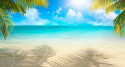 Summer landscape of tropical island. Branches of palm trees create shade in sand. Dazzlingly bright sun. Horizon is sof blurred. Transition of sandy beach to turquoise water.