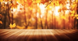 Beautiful colorful natural autumn background. Wooden flooring on the background of a blurred autumn park.