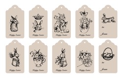 Vintage vector set of Easter retro tags. Retro Easter illustrations.  Vintage presents tags. Victorian Royal Easter Bunnies and Eggs.  Easter chicken in line art style. Old Happy tags.