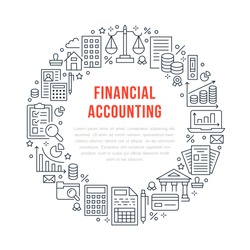 Financial accounting circle poster with flat line icons. Bookkeeping brochure concept, tax optimization, loan, payroll, real estate crediting. Accountancy, finance thin linear signs for legal services