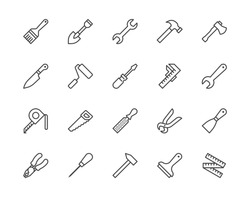 Construction tools flat line icons set. Hammer, screwdriver, saw, spanner, paintbrush vector illustrations. Outline signs for carpenter, builder equipment store. Pixel perfect. Editable Strokes.