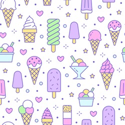 Ice cream background, sweet food seamless pattern. Vanilla icecream, frozen yogurt, popsicle lolly line icons. Summer dessert colorful vector illustration, pink, purple white color.