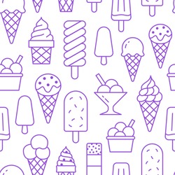 Ice cream background, sweet food seamless pattern. Vanilla icecream, frozen yogurt, popsicle lolly line icons. Summer dessert colorful vector illustration purple white color.
